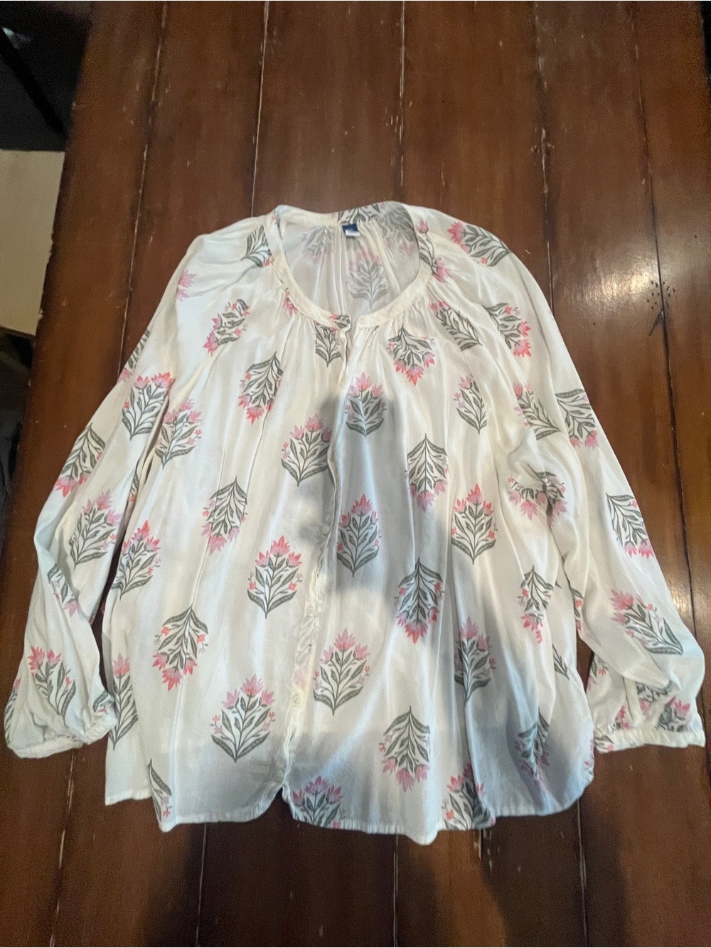 Old Navy White Blouse with Pink and Sage Floral Print